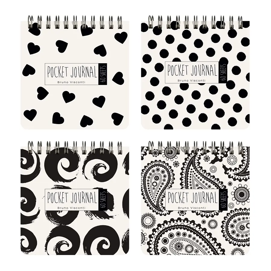 "POCKET JOURNAL" 105 х 105 мм, 60 Л, (4 ВИДA) НА ГРЕБНЕ "BLACK&WHITE"