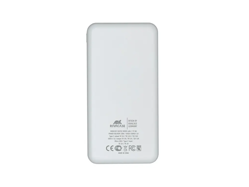 RIVACASE VA2532 (10000 мАч) QC/PD 20W внешний аккумулятор с дисплеем, белый 12/48