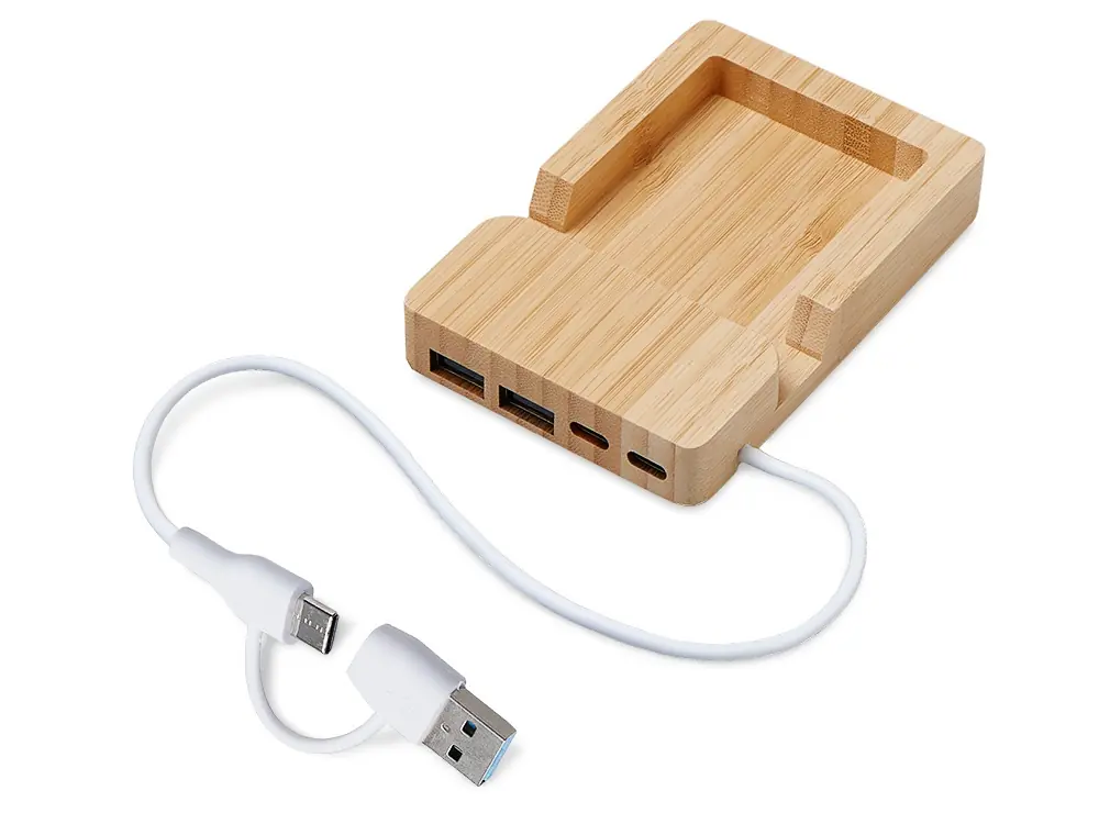 USB хаб Memo, 2*USB, 2*Type C, бамбук