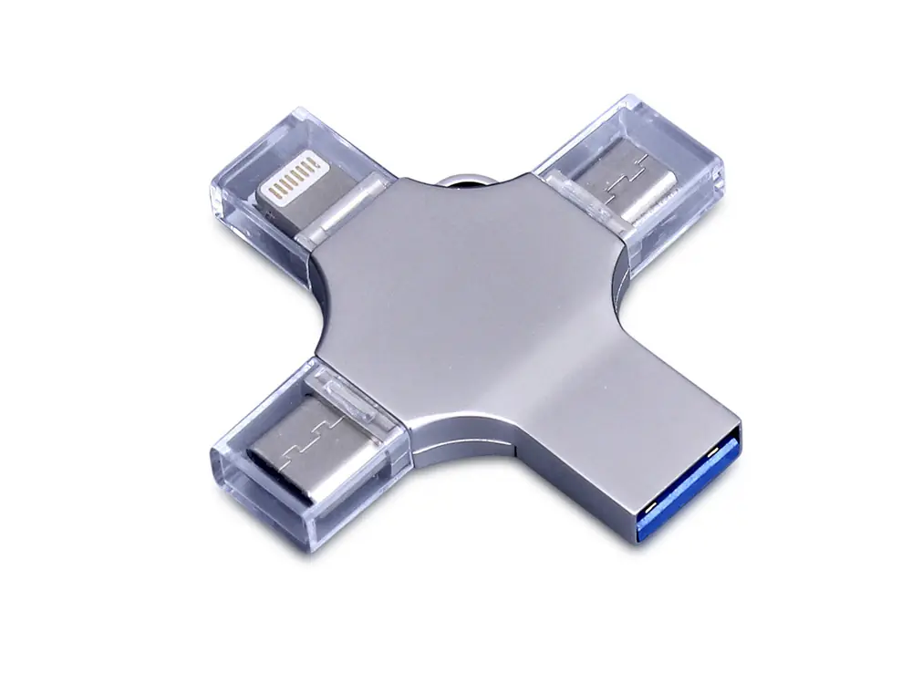 USB-флешка на 256 Гб 4 в 1 поворотный механизм, c дополнительными разъемами MicroUSB, TypeC и Lightning, серебристый