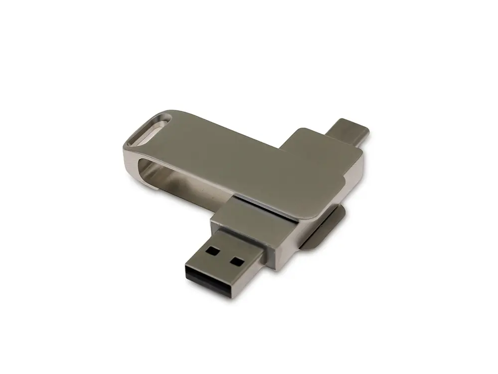 USB 3.0- флешка на 32 Гб поворотный механизм 2 в 1, c дополнительным разъемом Type-C с одноцветным металлическим клипом, серый