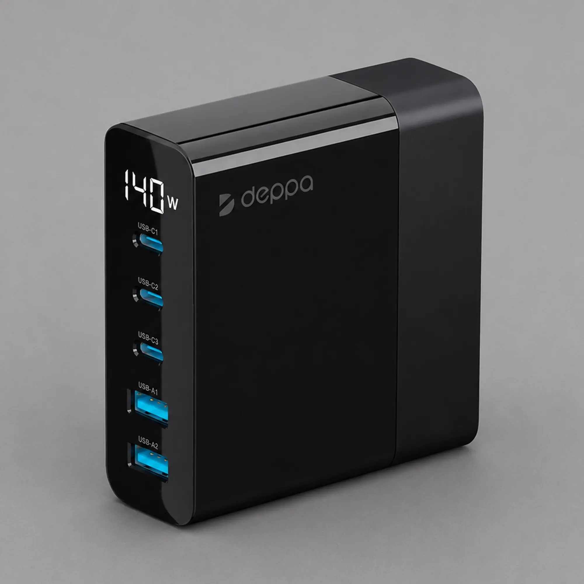 Зарядная станция 3xUSB Type-C, 2xUSB, PD, QC, 140Вт, черный, Deppa
