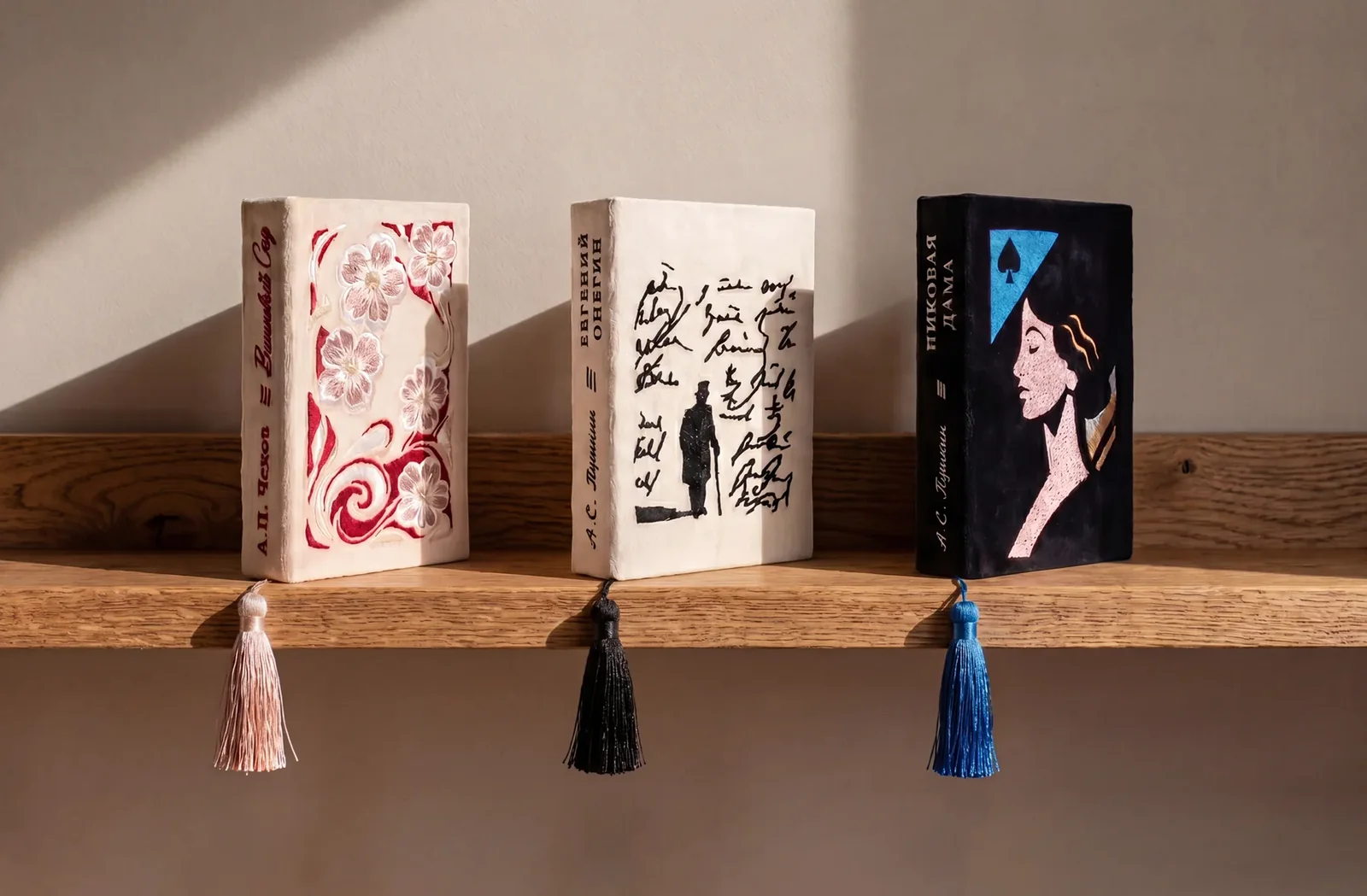 Три клатча-книги коллекции ВТБ — Вишнёвый сад, Евгений Онегин и Пиковая дама